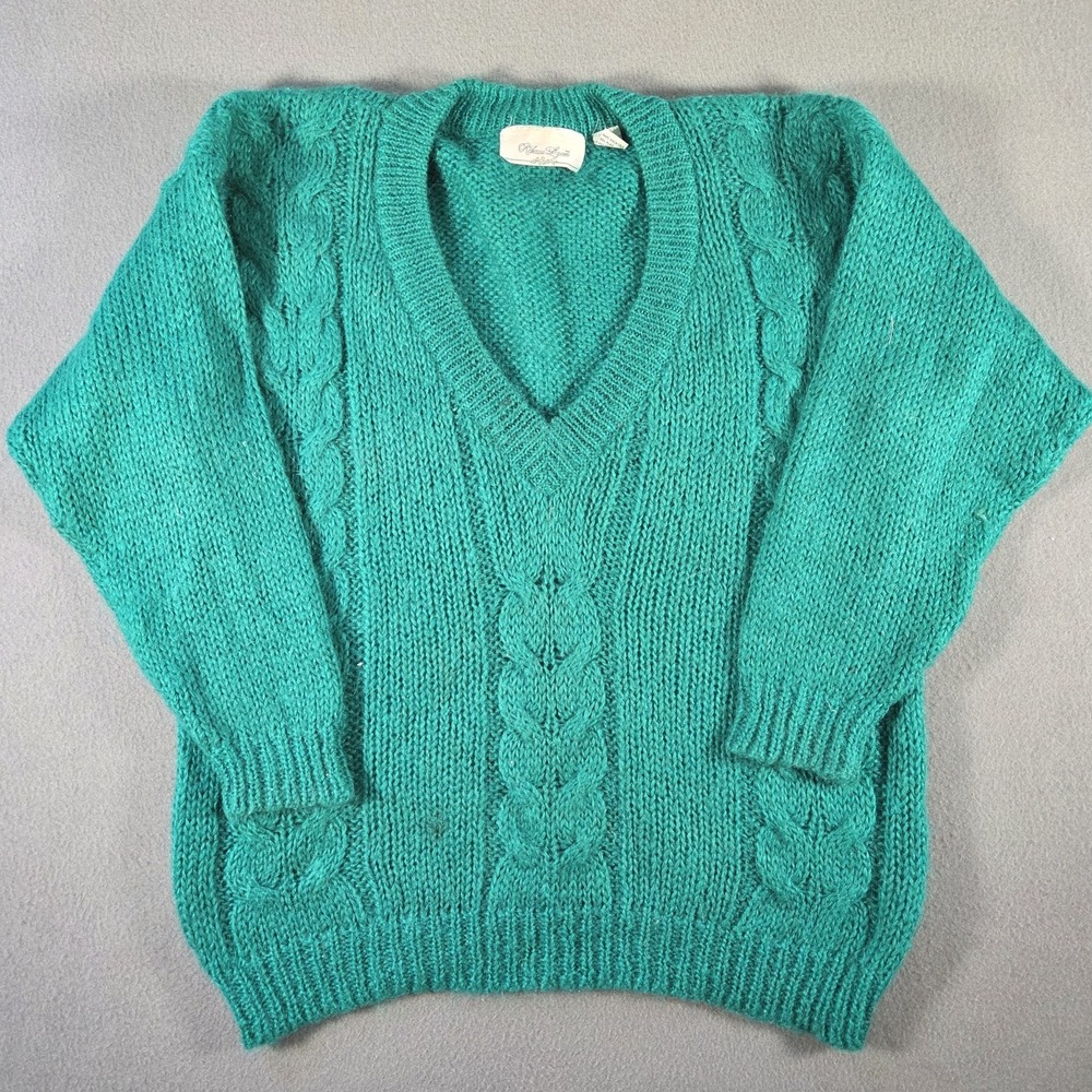 Rebecca Lynn Sweater Womens Large Green Mohair Blend Chunky Cable Knit V Neck - Picture 1 of 7